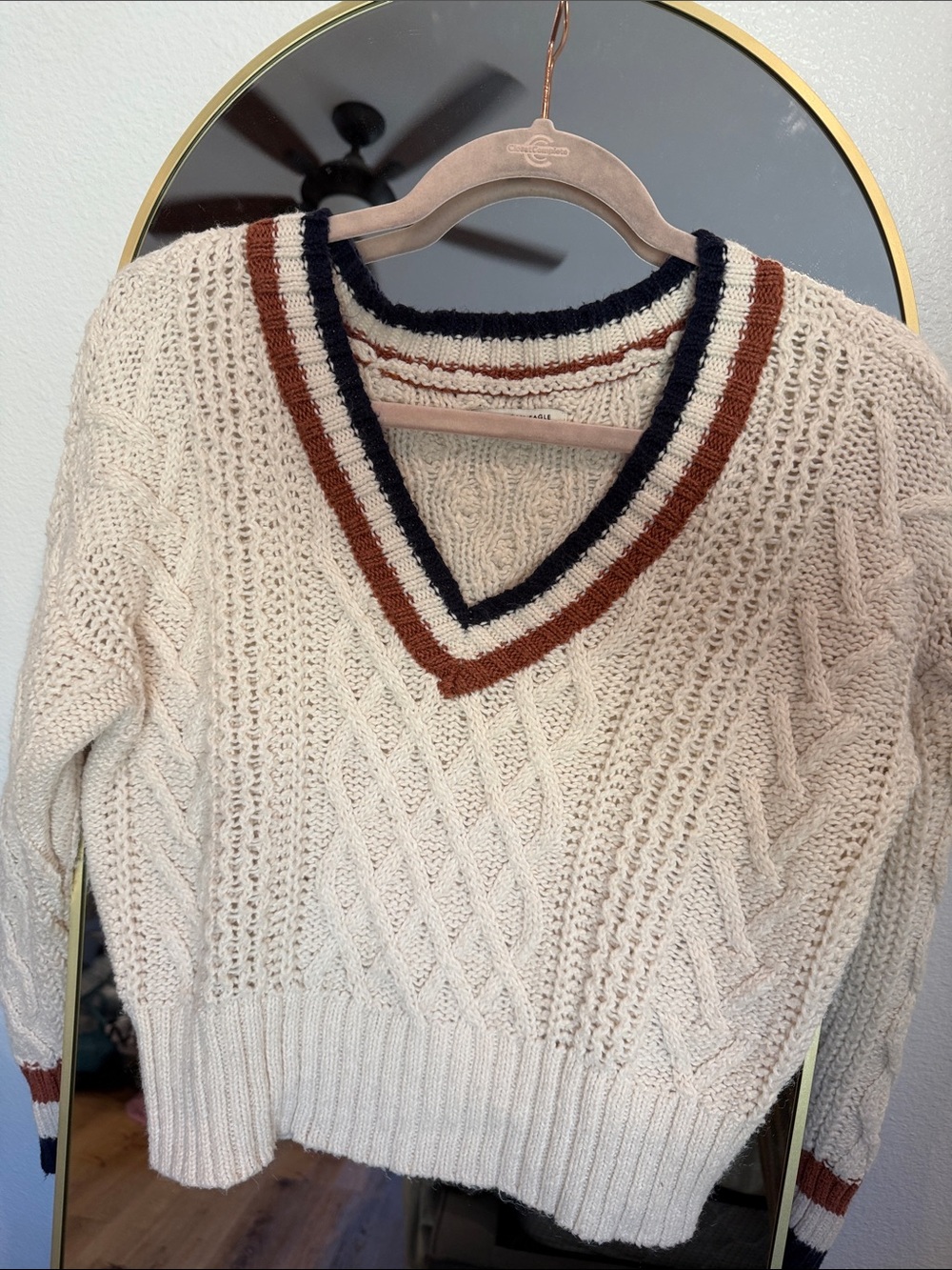 Cream Cable-Knit V-Neck Sweater with Contrast Trim